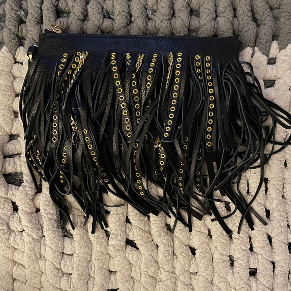 Banana Republic Handbags - NWOT Banana Republic Black and Gold studded fringe clutch/wristlet bag 🖤